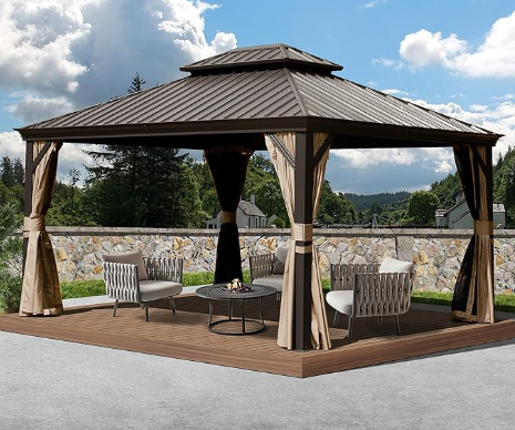 Domi Outdoor Living 10’ X 12’ Hardtop Gazebo Outdoor Aluminum Gazebo With Galvanized Steel Double Roof For Lawn And Garden, With Curtains & Net (brown)